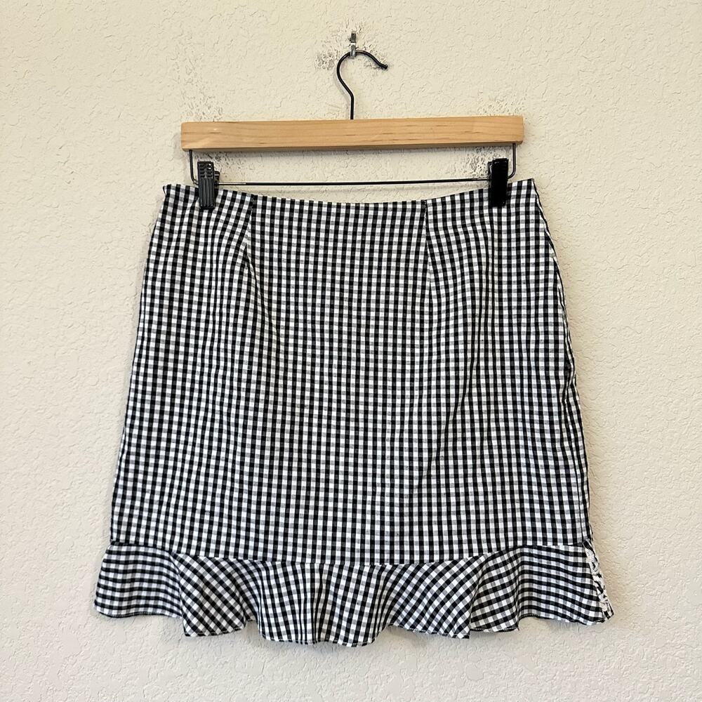 J.MARIE Mini Skirt Black White Gingham Lined Ruffled Faux Wrap Cotton - Picture 2 of 9